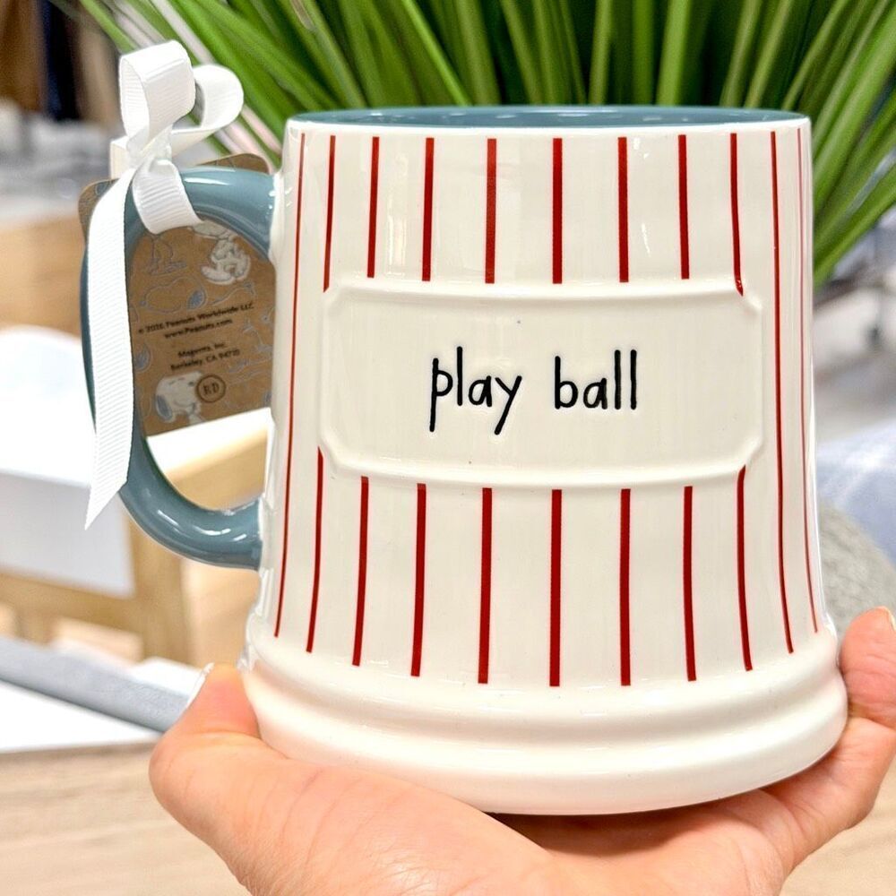 NWT Gorgeous Rae Dunn Peanuts Snoopy Play Ball Baseball Double Sided Big Mug - Picture 10 of 12